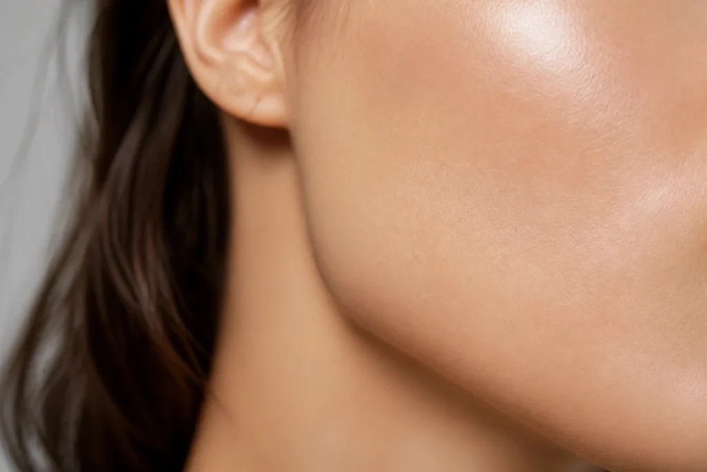 Peau du visage ferme et lumineuse illustrant l'élasticité cutanée