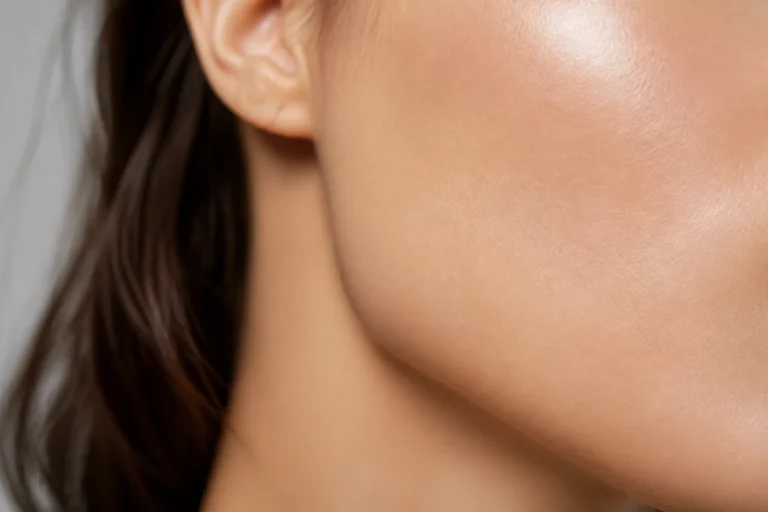 Peau du visage ferme et lumineuse illustrant l'élasticité cutanée
