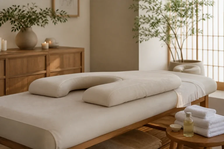 Table de massage prénatal avec coussin ergonomique et huile de massage dans une ambiance apaisante