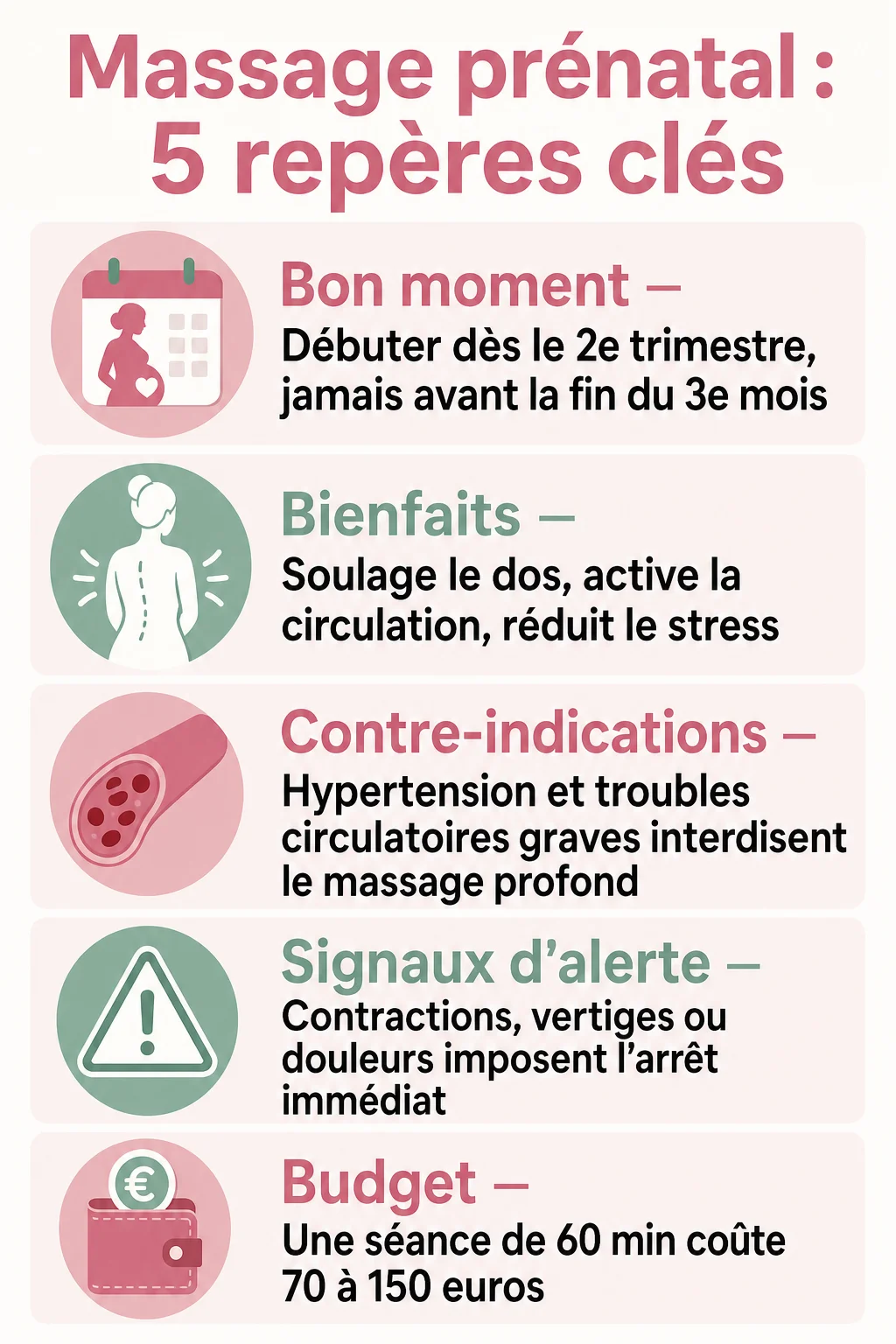 Massage prénatal : 5 repères clés : Bon moment, Bienfaits, Contre-indications, Signaux d'alerte, Budget