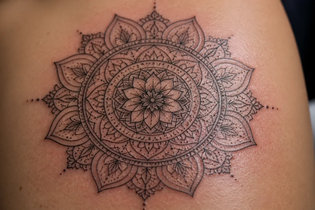 Tatouage mandala en ligne fine sur la peau, motif géométrique circulaire symétrique