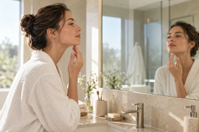 Femme se palpant délicatement le dessous du menton devant un miroir, à la recherche d'une boule