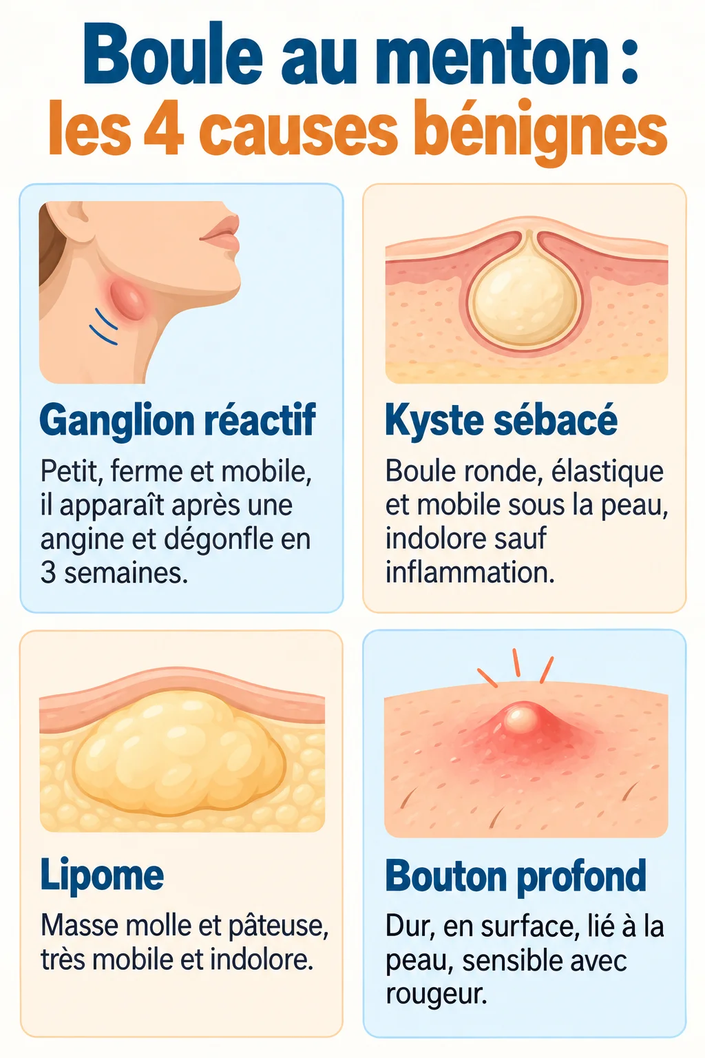 Boule au menton : les 4 causes bénignes : Ganglion réactif, Kyste sébacé, Lipome, Bouton profond