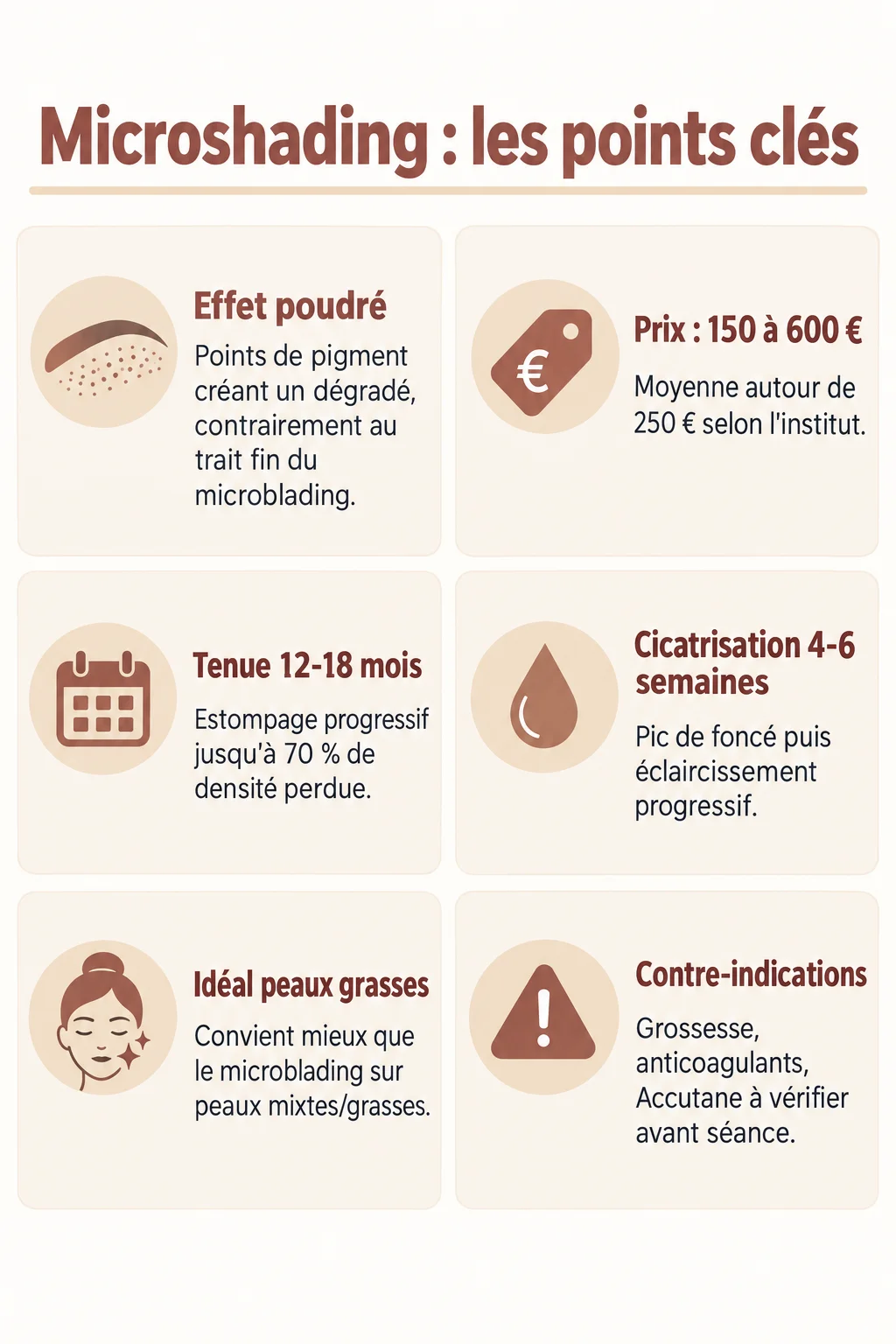 Microshading : les points clés : Effet poudré, Prix : 150 à 600 €, Tenue 12-18 mois, Cicatrisation 4-6 semaines, Idéal peaux grasses, Contre-indications