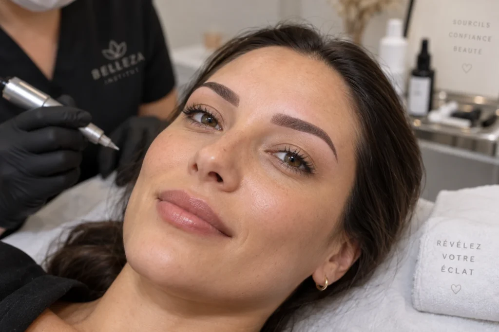 Gros plan sur des sourcils redessinés par microshading avec un rendu poudré naturel