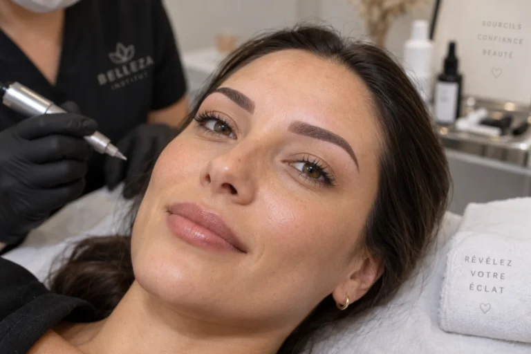 Gros plan sur des sourcils redessinés par microshading avec un rendu poudré naturel
