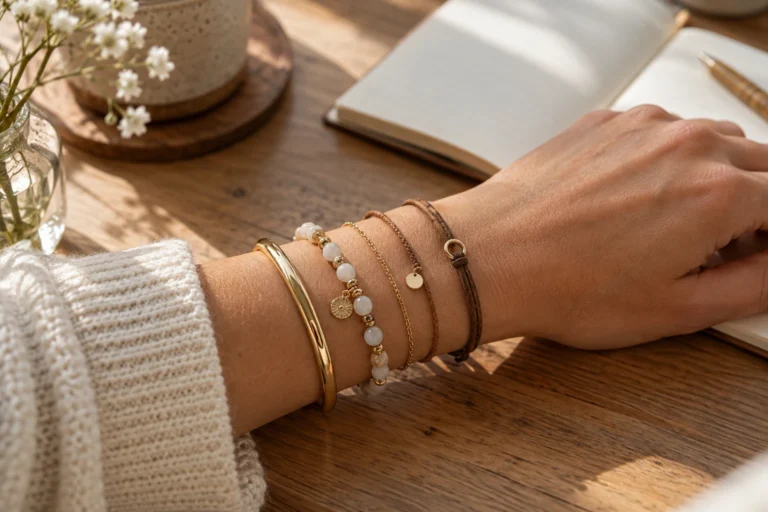 Poignet portant plusieurs bracelets de matières variées, rigide, perles et chaîne fine, sur une table en bois