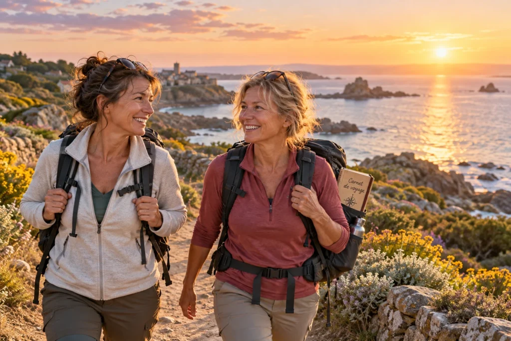 Deux femmes marchant ensemble sur un sentier côtier au lever du soleil pendant un voyage entre copines