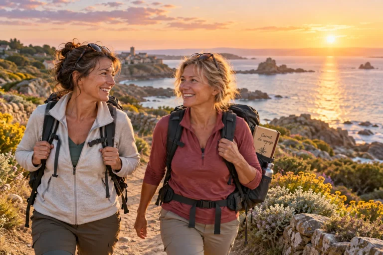Deux femmes marchant ensemble sur un sentier côtier au lever du soleil pendant un voyage entre copines