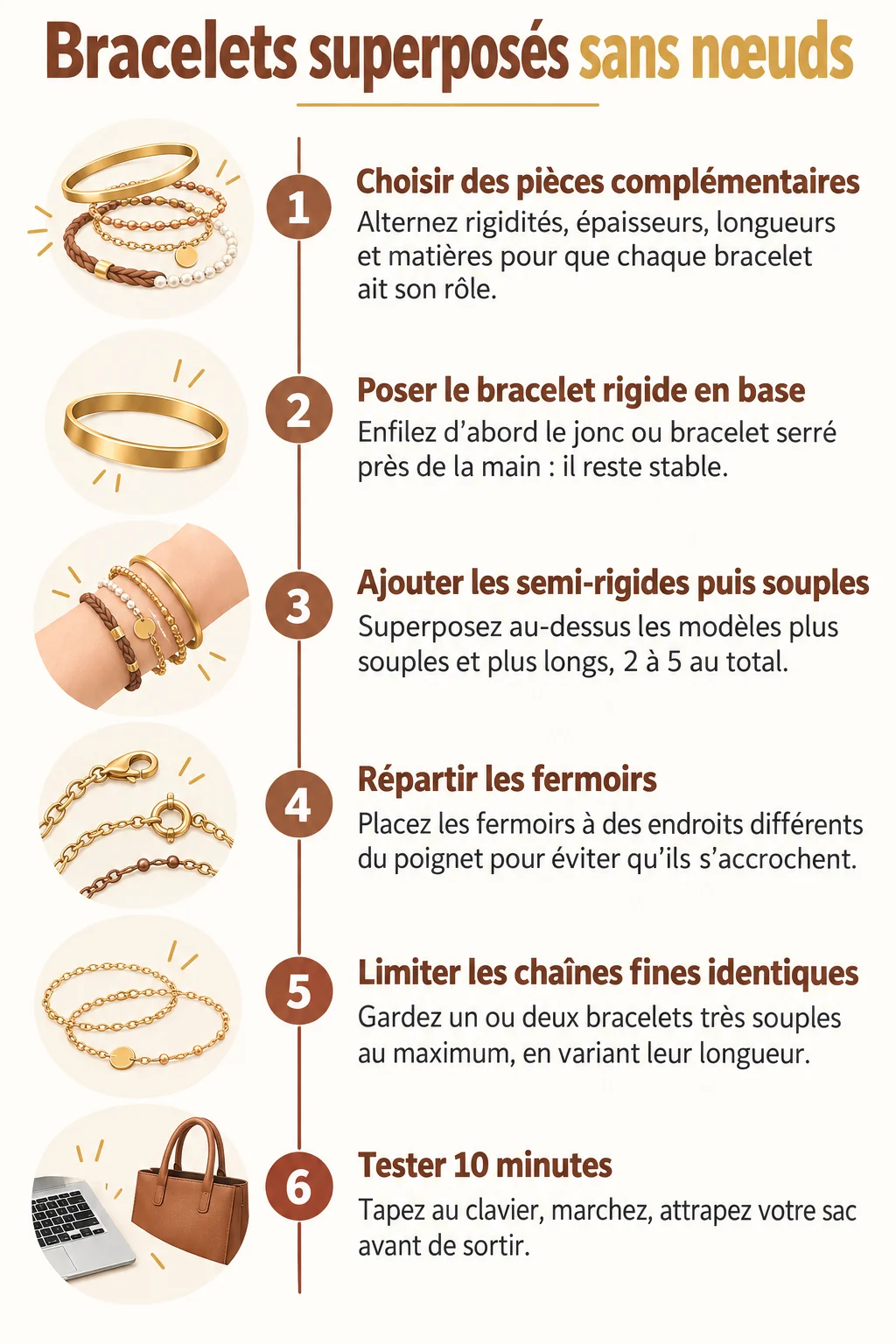 Bracelets superposés sans nœuds : 1. Choisir des pièces complémentaires, 2. Poser le bracelet rigide en base, 3. Ajouter les semi-rigides puis souples, 4. Répartir les fermoirs, 5. Limiter les chaînes fines identiques, 6. Tester 10 minutes