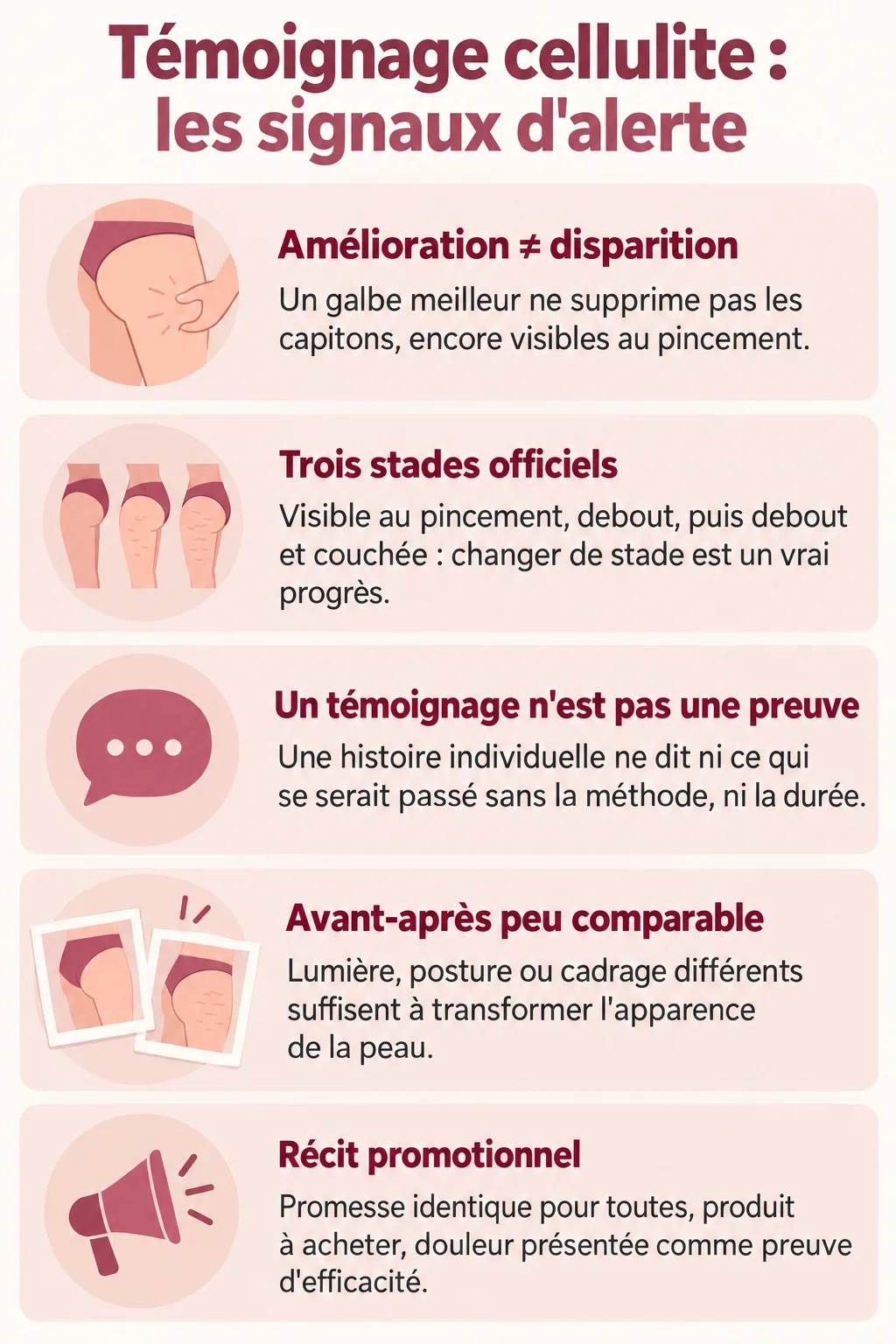 Témoignage cellulite : les signaux d'alerte : Amélioration ≠ disparition, Trois stades officiels, Un témoignage n'est pas une preuve, Avant-après peu comparable, Récit promotionnel