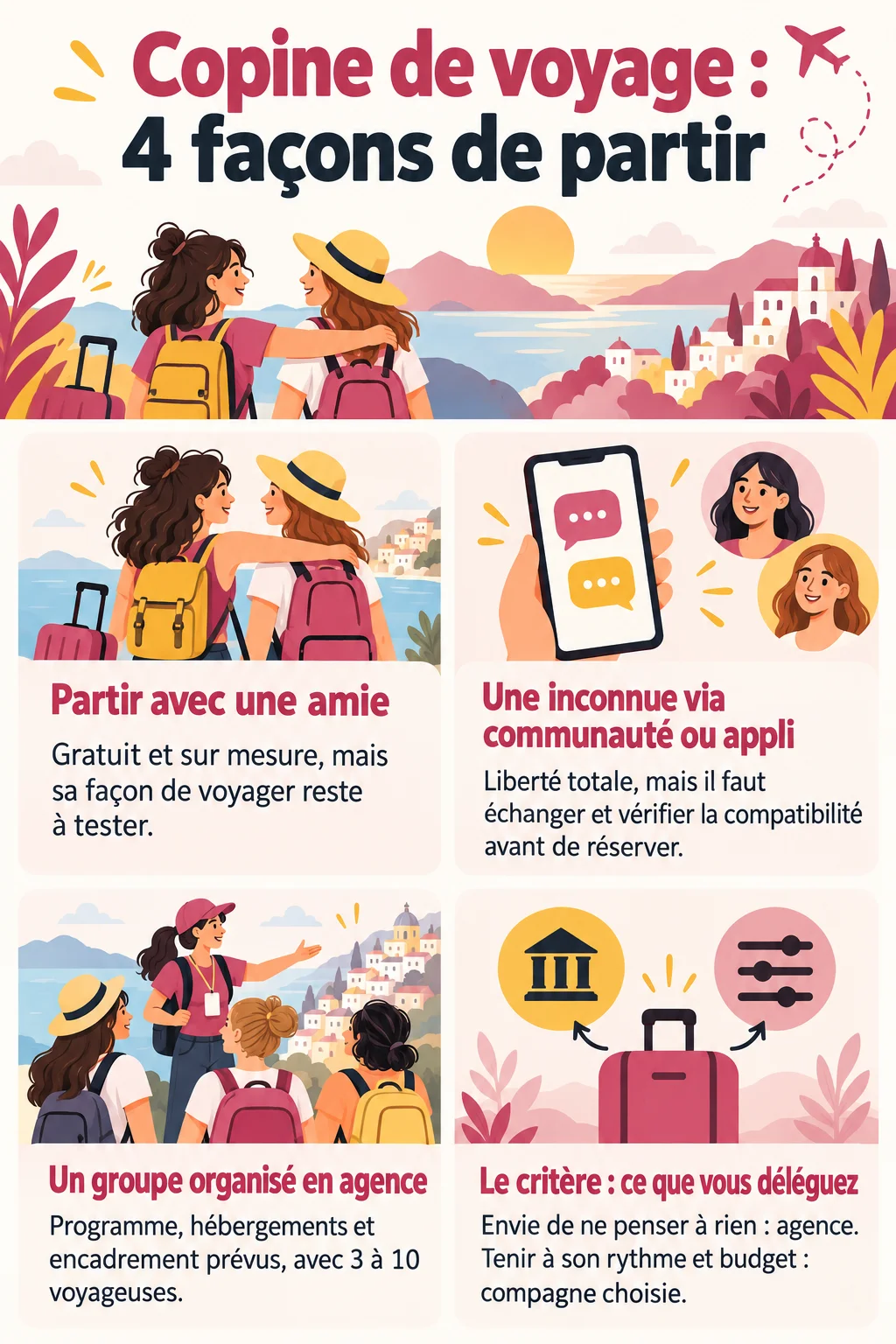 Copine de voyage : 4 façons de partir : Partir avec une amie, Une inconnue via communauté ou appli, Un groupe organisé en agence, Le critère : ce que vous déléguez