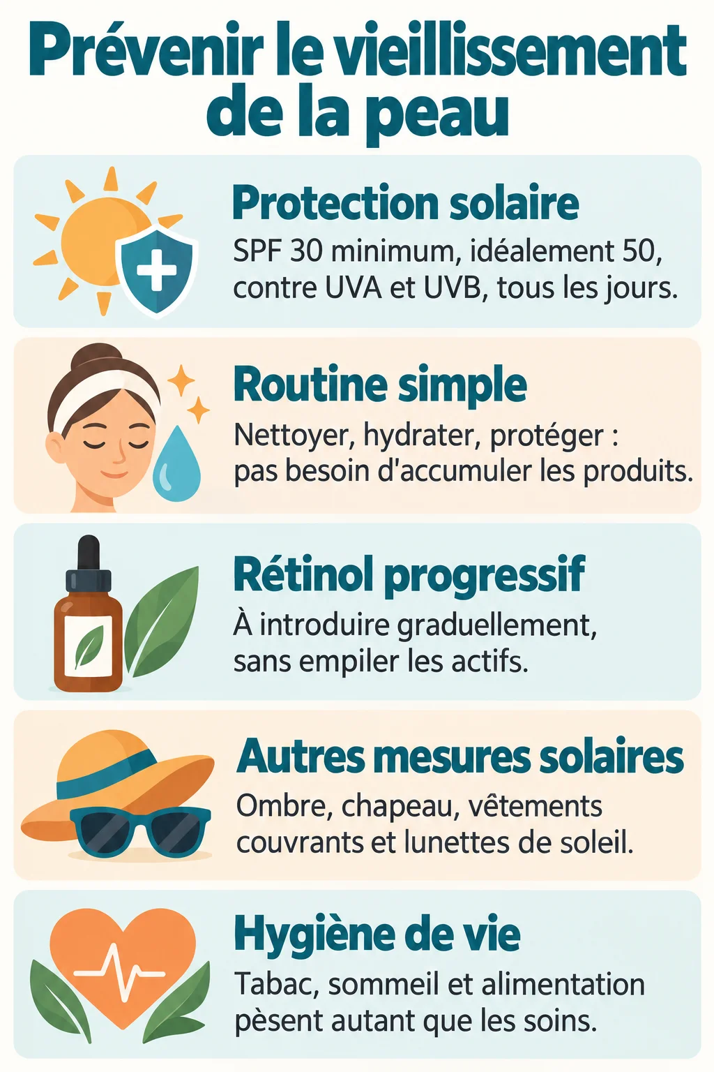 Prévenir le vieillissement de la peau : Protection solaire, Routine simple, Rétinol progressif, Autres mesures solaires, Hygiène de vie