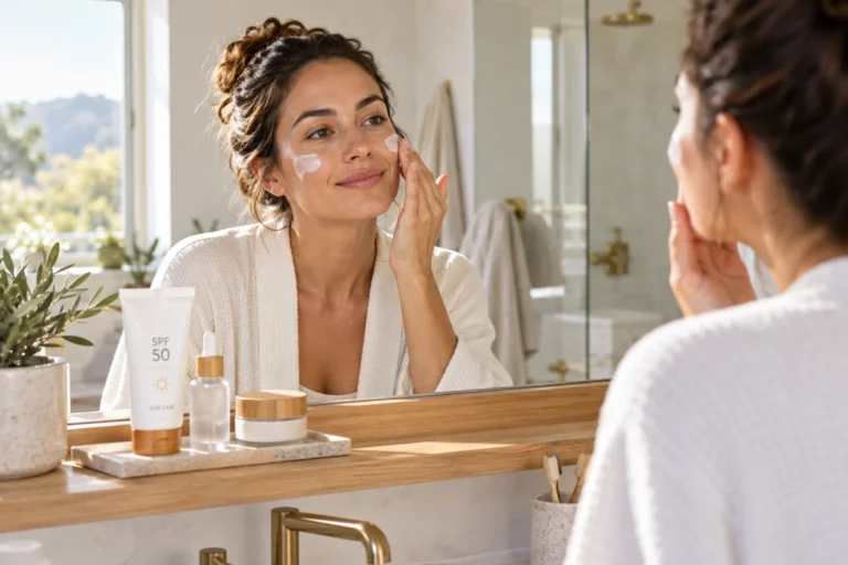 Femme appliquant une crème solaire sur le visage dans une salle de bains lumineuse
