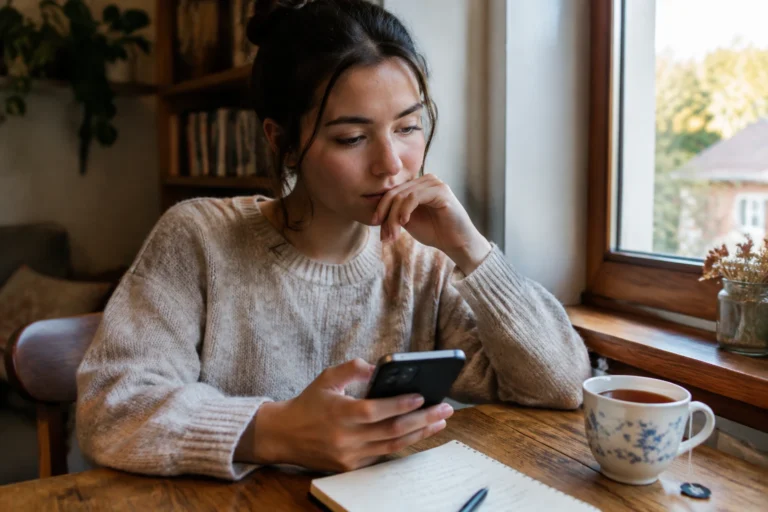 Jeune femme pensive tenant son smartphone avant d'envoyer un SMS, tasse de thé et carnet sur la table